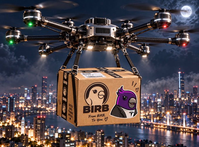 A drone carrying a cardboard box labeled "BIRB, From BIRB To You," with a cartoon bird in a suit, flying over a city skyline at night.