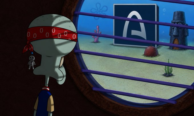 An underwater scene featuring Squidward from SpongeBob SquarePants with a red bandana, looking out a porthole window at the Aptos (APT) logo displayed on a sign in the ocean.
