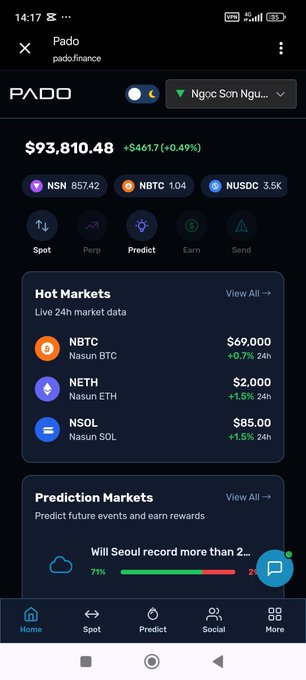 Mobile screenshot of the Pado.finance app displaying a portfolio value of $93,810.48 (+$461.7), with hot markets showing NBTC at $69,000, NETH at $2,000, and NSOL at $85.00.