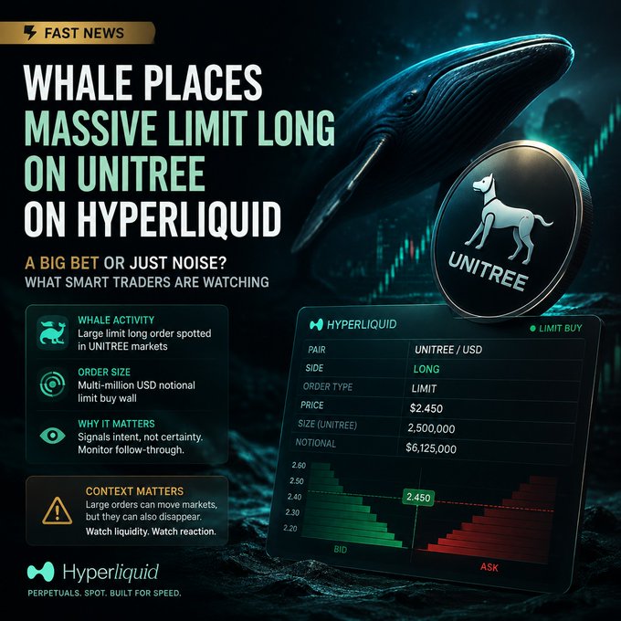 A financial news graphic titled 'WHALE PLACES MASSIVE LIMIT LONG ON UNITREE ON HYPERLIQUID' featuring a whale in dark water, a Unitree coin logo, and order details showing a 2,500,000 UNITREE limit buy at $2.450 with a $6,125,000 notional value.