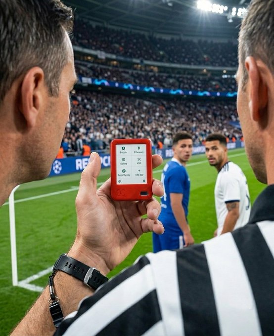 The image shows two men standing next to each other, with one of them holding a small red device that appears to be a smartphone or an mp3 player. The man holding the device seems to be showing something off to his friend who is also present in the scene. They are both wearing striped shirts and appear to be at a soccer match. In the background, there are several people gathered around, possibly watching the game or waiting for their turn to play.
