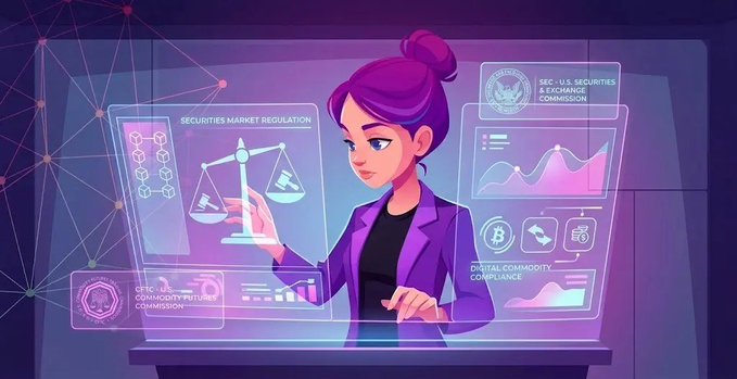 A cartoon illustration of a woman with purple hair interacting with holographic screens showing 'SECURITIES MARKET REGULATION', 'SEC - U.S. SECURITIES & EXCHANGE COMMISSION', and 'DIGITAL COMMODITY COMPLIANCE'.