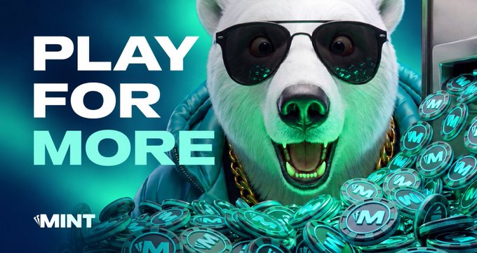 A promotional image featuring an animated polar bear wearing sunglasses and a gold chain, surrounded by piles of green 'M' coins, with the text 'PLAY FOR MORE' and the MINT logo.