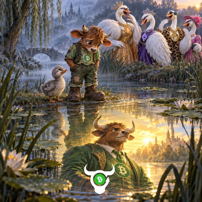 A whimsical fantasy illustration showing a Highland cow with Bitcoin logos on its clothing, accompanied by a duckling and crowned swans by a pond, with the cow's reflection visible in the water.