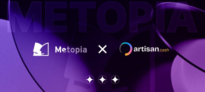 A promotional banner for a collaboration between Metopia and artisan.cash, displayed over a purple background with abstract geometric shapes.