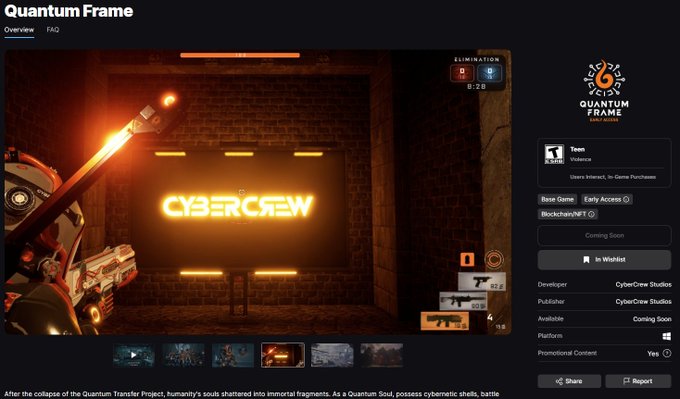 Screenshot of a Steam store page for the video game "Quantum Frame" by CyberCrew Studios, featuring a first-person shooter scene with the word "CYBERCREW" glowing in orange neon.