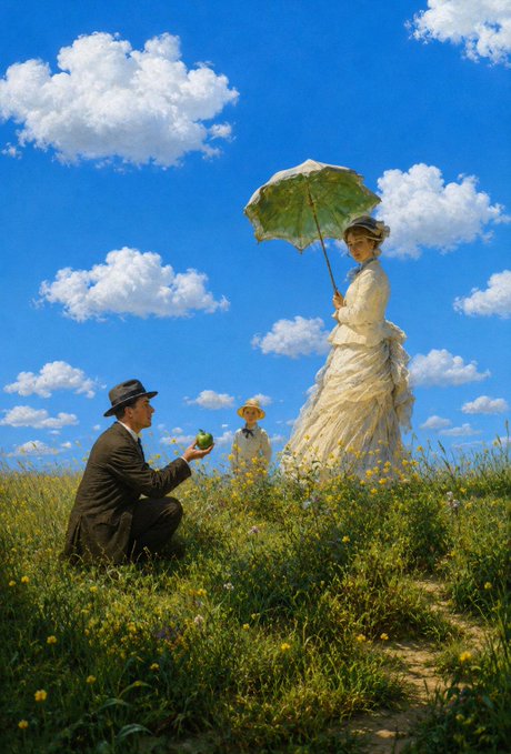 The image features a man kneeling down next to a woman, who is holding an umbrella over him while he holds a small child. The scene takes place outdoors with a grassy field under a blue sky dotted with white clouds. There are also yellow flowers in the background. The painting seems to be a portrait of a woman and her child, possibly depicting a tender moment between them.