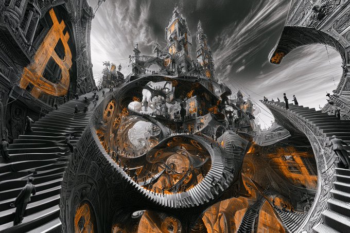 A surreal black-and-white fantasy artwork features an elaborate spiraling castle with stairs, tiny figures, and warm orange accents.