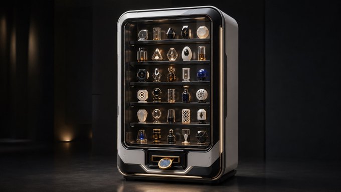 A futuristic display case showcases various luxurious items including crystals, sculptures, watches, and decorative objects arranged on illuminated shelves. The accompanying post discusses how AI access is increasingly resembling a crypto payment system, with platforms like WorldClawAI enabling users to access multiple AI models through a unified router using USD1 or WLFI tokens, drawing a visual parallel between the curated collection of valuable items and the diverse array of AI services accessible through a single payment gateway.