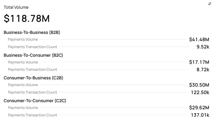 Payment volume statistics showing Total Volume of $118.78M broken down by category: B2B ($41.48M), B2C ($17.17M), C2B ($30.50M), and C2C ($29.62M).