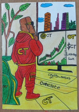A hand-drawn illustration shows a man in a red outfit with "CT" on the chest holding a phone, surrounded by computer monitors displaying "CT" logos, stock charts, "$CT", "Coinbase Soon", "crypto-Nasab", and "Cctclete", with a city skyline in the background.