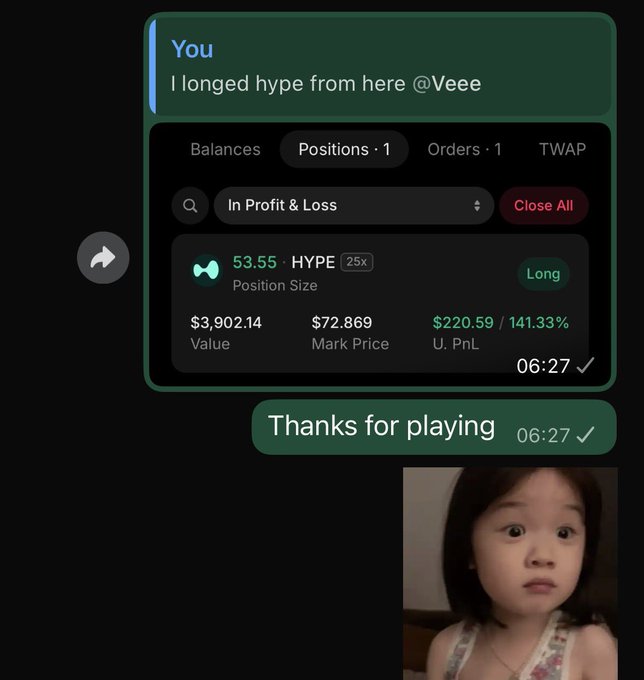 The image shows a screenshot of a text message conversation between two people, with one person typing "You longed hype from here #VEEE" while the other person types "Close All". The message also includes a photo of a child's face in the bottom right corner and a caption that reads "HYPERLIQUID".