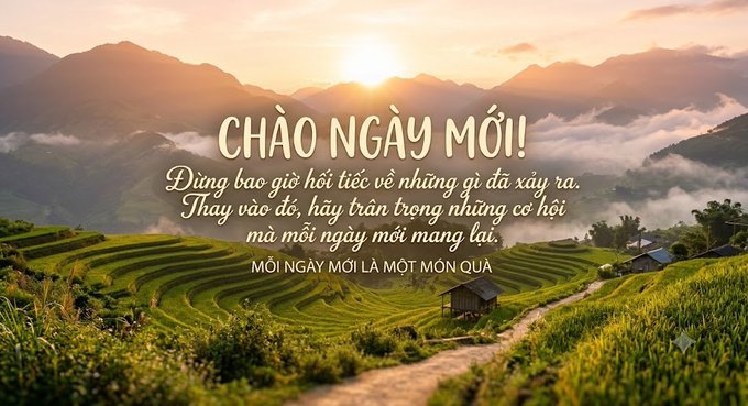 A scenic image of terraced rice fields at sunrise with Vietnamese motivational text reading 'CHÀO NGÀY MỚI! Đừng bao giờ hối tiếc về những gì đã xảy ra. Thay vào đó, hãy trân trọng những cơ hội mà mỗi ngày mới mang lại. MỖI NGÀY MỚI LÀ MỘT MÓN QUÀ'.