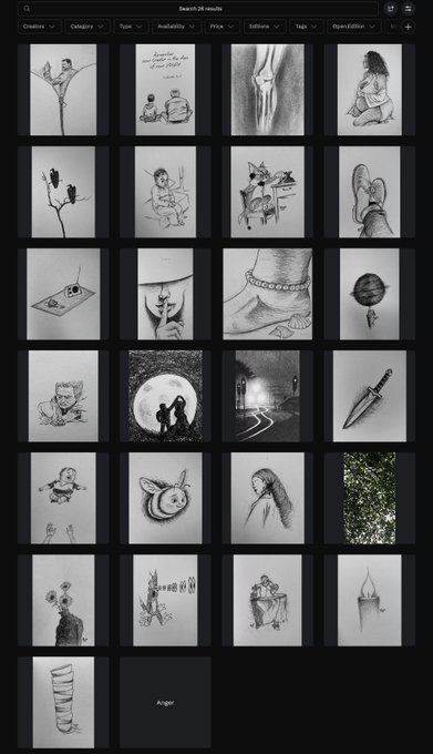 A search results page titled 'Search:28 results' displaying a grid of black-and-white pencil sketch artworks featuring various subjects including figures, birds, feet, hands, and abstract scenes.
