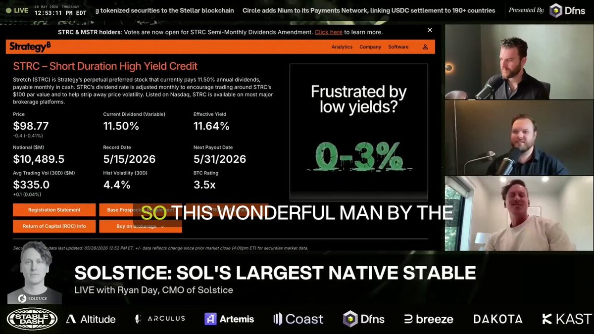 In the image, a screen displays a summary of a webinar where three people are talking about a topic related to bonds and Bitcoin. A man named Michael Saylor is explaining the concept behind his plan to buy Bitcoin and has already invested $25,000 in Bitcoins. The other two people present on the call are discussing why this plan might be successful.