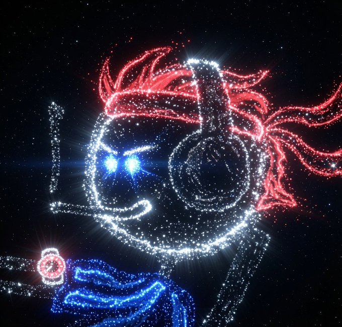A stylized constellation artwork depicting Sailor Moon wielding her crescent wand against a starry night sky, rendered in sparkling red, blue, and white points of light to match the post's "gmfers happy friday" celebratory tone.