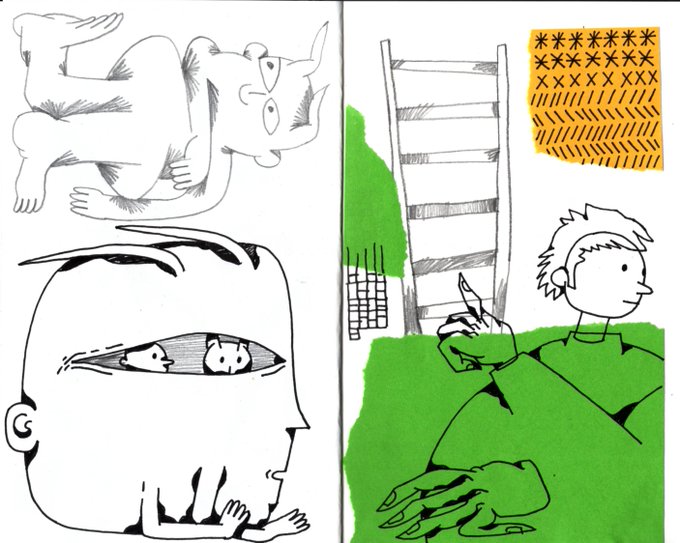 A whimsical, sketch-style illustration divided into two panels featuring surreal drawings: a cat-like figure floating above a large face containing small creatures in its eye, and a boy holding a toy near a ladder on green grass. An orange chart in the upper right displays patterns of asterisks, X's, and tally marks, evoking the nostalgic, journey-bound toy referenced in the caption.