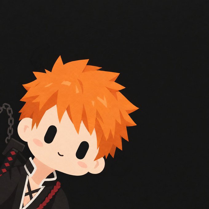 A digital illustration in chibi style of a character with spiky orange hair, black eyes, and a black outfit against a dark background.