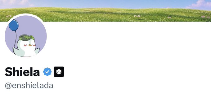 A social media profile for 'Shiela' (@enshielada) featuring a cute penguin avatar holding a blue balloon against a grassy field background, with a verified checkmark.