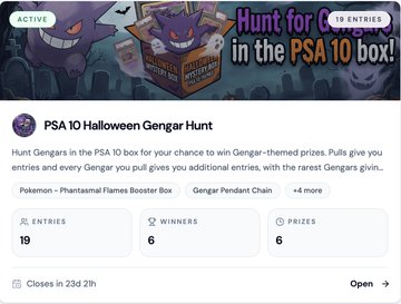 A screenshot of a prize draw website featuring a 'PSA 10 Halloween Gengar Hunt' with 19 entries, 6 winners, and 6 prizes, closing in 23d 21h.
