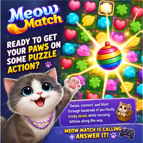 The image is a promotional advertisement for "Meow Match," a mobile puzzle game, featuring a cute animated kitten wearing a beaded necklace alongside colorful game pieces and a rainbow-striped ball. The text reads "Meow Match - Ready to get your paws on some puzzle action?" and "Meow Match is calling - Answer it!" with details about swiping and connecting through tricky levels to rescue kittens, matching the social media post's call-to-action to play the game via Gala Games links.