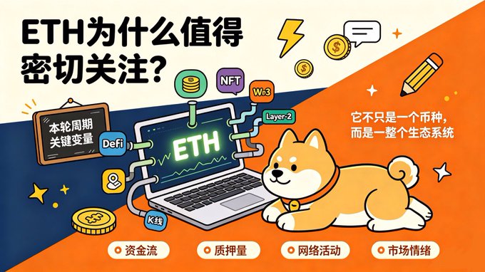 Chinese-language promotional graphic asking 'ETH为什么值得密切关注?' (Why is ETH worth close attention?) showing a laptop displaying ETH, a Shiba Inu dog, and keywords DeFi, NFT, W3, Layer-2, with bullet points about capital flow, quality, network activity, and market sentiment.