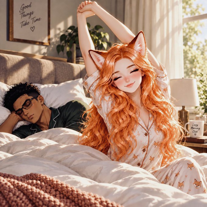 An anime-style illustration shows a woman with long orange hair and fox ears stretching in bed wearing fox-patterned pajamas, while a man with glasses sleeps beside her. A framed picture reads 'Good Things Take Time' and a mug reads 'Lazy Morning Club'.