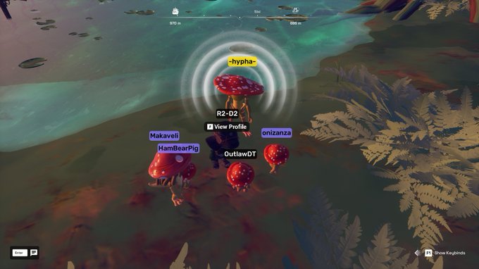 A player named "~hypha-" stands in the center of a group of red mushrooms, surrounded by other players including "Makaveli," "HamBearPig," "OutlawDT," and "onizanza," with a "View Profile" prompt visible—capturing a moment in the Otherside metaverse that aligns with the post celebrating a new alpha drop from @hypha3d.