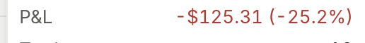 A screenshot showing a P&L figure of '-$125.31 (-25.2%)' in red text, indicating a trading loss.