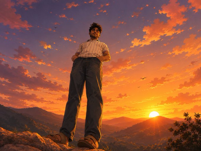A young man stands on a rocky peak with his hands in his pockets, gazing thoughtfully into the distance against a vibrant orange and purple sunset sky with birds flying nearby.