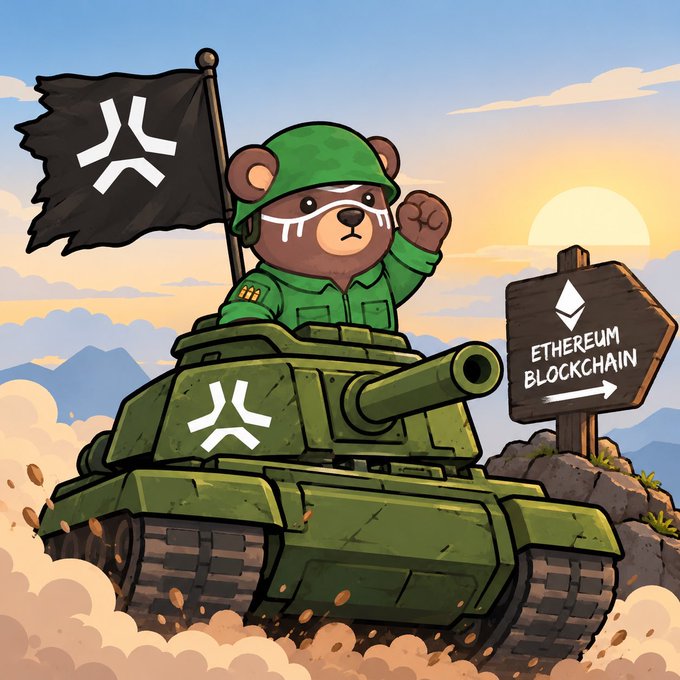 A determined cartoon bear in military gear commands a tank emblazoned with the XRP logo, with a flag bearing the XRP symbol flying behind it. The tank charges forward toward a wooden sign reading "ETHEREUM BLOCKCHAIN," symbolizing the transition from XRP to Ethereum referenced in the post.
