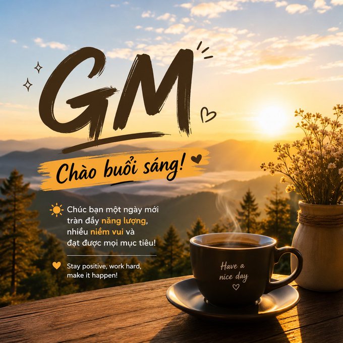 A 'Good Morning' graphic with the text 'GM Chào buổi sáng!' in Vietnamese, featuring a coffee cup with 'Have a nice day' on it, a vase of flowers, and a sunrise mountain landscape, along with motivational Vietnamese text.