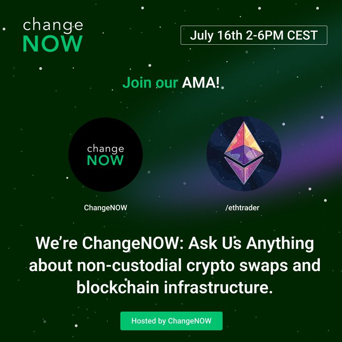 Promotional graphic for a Reddit AMA hosted by ChangeNOW on r/ethtrader on July 16th from 2-6 PM CEST, featuring both the ChangeNOW and Ethereum logos against a dark green starry background, inviting users to ask questions about non-custodial crypto swaps and blockchain infrastructure.