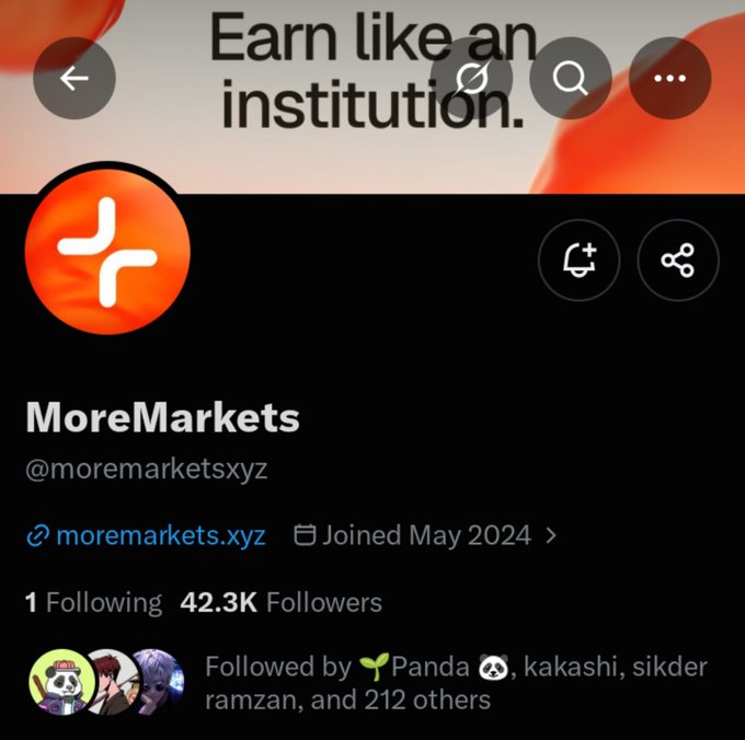 Screenshot of the X profile for “MoreMarkets” (@moremarketsxyz), showing moremarkets.xyz, “Joined May 2024,” 1 Following, and 42.3K Followers.