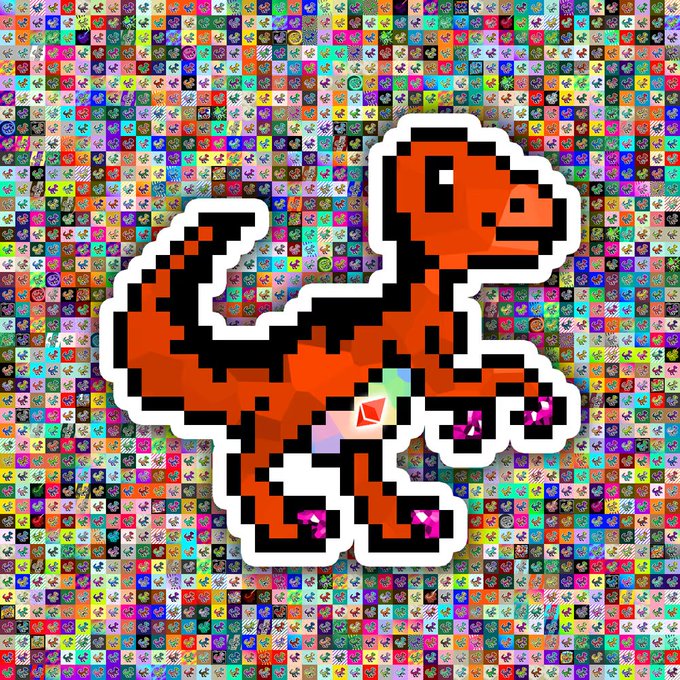 A pixel-art orange dinosaur character overlaid on a colorful mosaic background filled with many small creature sprites.
