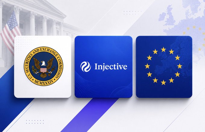 A graphic showing the SEC (Securities and Exchange Commission) seal, the Injective logo, and the EU flag against a backdrop of the U.S. Supreme Court and a European map.