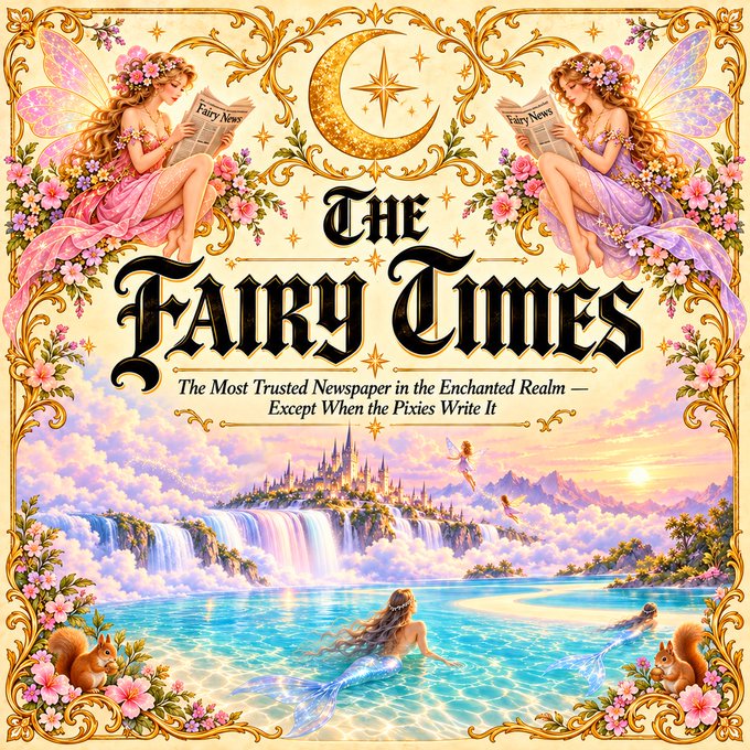 An ornate fantasy-style poster titled 'THE FAIRY TIMES' featuring two winged fairies reading newspapers, a crescent moon and star, with the tagline 'The Most Trusted Newspaper in the Enchanted Realm — Except When the Pixies Write It,' and a magical landscape with a castle and waterfall below.
