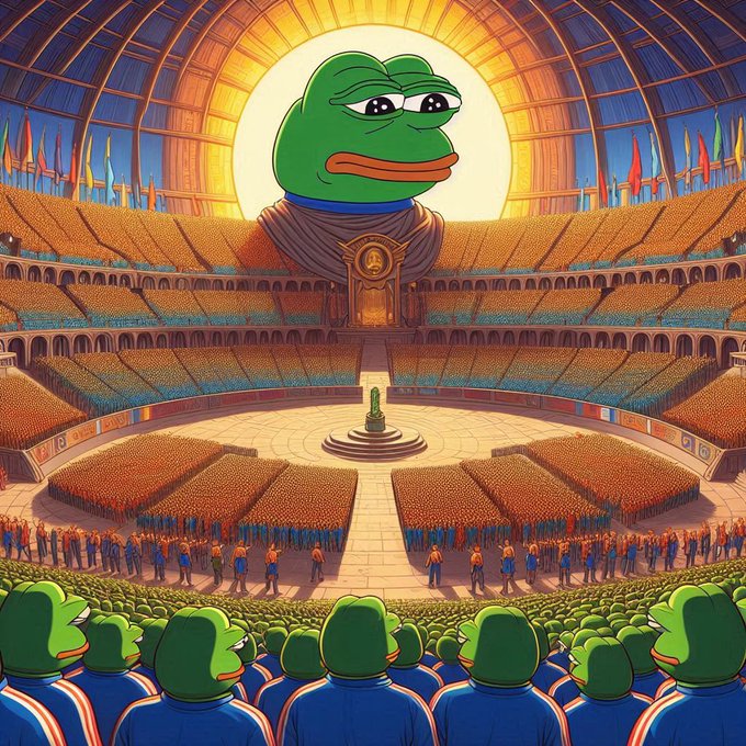 The image depicts a massive stadium filled with Pepe the Frog devotees, with a giant Pepe head resembling a deity enshrined on a throne bathed in golden light at the center, perfectly capturing the cult-like reverence the "$Pepe" post is drawing attention to.