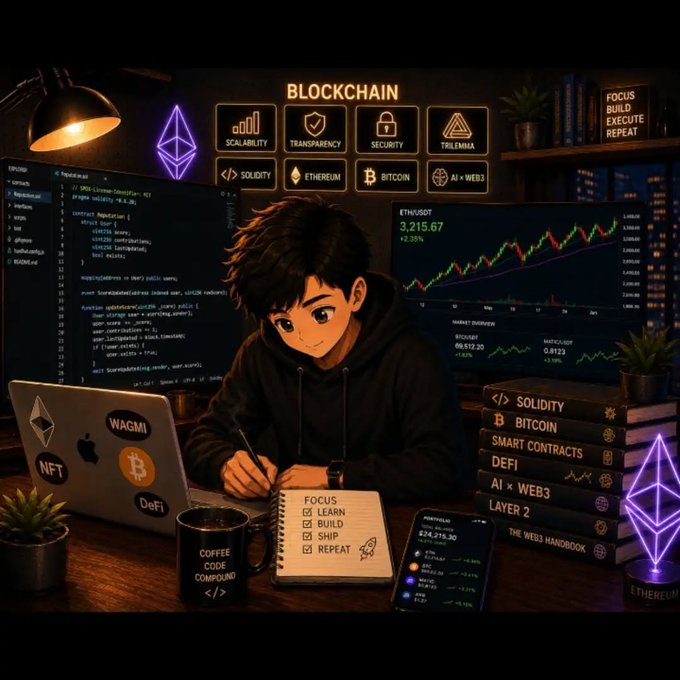 An illustrated scene of a young person working at a laptop covered in crypto stickers (ETH, Bitcoin, NFT, WAGMI, DeFi), surrounded by blockchain-themed icons, coding books, and an Ethereum neon sign.