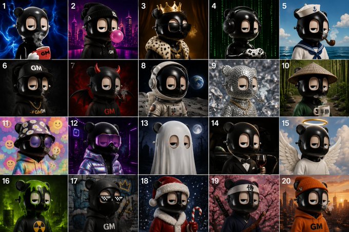 This image displays a grid of 20 unique "GM" bear NFTs, each with a different theme and style. The post asks if the viewer would "mint" your profile picture if it were an NFT collection; this image directly answers that question by showcasing a diverse collection of potential NFTs.
