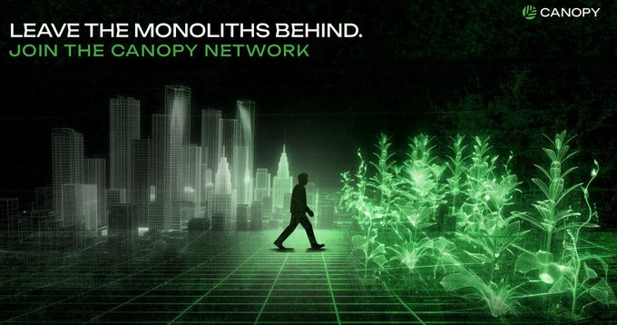 The image features a man walking through a cityscape with tall buildings at night, surrounded by green plants. The caption above the photo reads "Leaving Monolithth's behind. Join the canopy network." This suggests that the image might be promoting an event or initiative related to urban sustainability and environmental awareness.