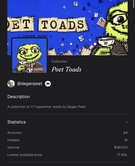 The image shows a NFT collection page for "Poet Toads" by @degenpoet, displaying 64 artworks, 41 holders, total volume of $39,503, and a floor price of 17 SOL. This aligns with the accompanying post highlighting that the floor price has reached 17 SOL and total volume has doubled within 24 hours.