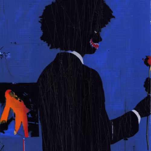 A dark, stylized illustration featuring a shadowy figure with a large afro and a fanged, grinning mouth against a deep blue background. The figure is dressed in black formal wear and holds a red rose, with another red element visible to the left.