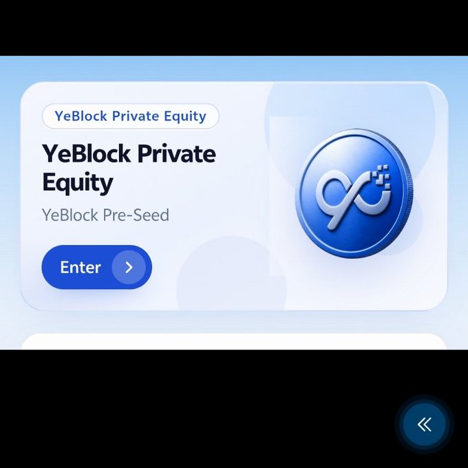 A YeBlock Private Equity interface showing a Pre-Seed investment opportunity with a blue Pi cryptocurrency coin icon and an 'Enter' button.