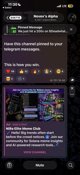 A screenshot of a Telegram channel chat for 'Novex's Alpha' with 4,427 subscribers, showing pinned messages, reactions, and a sponsored ad for the 'NiRa Elite Meme Club' promoting Solana meme insights.