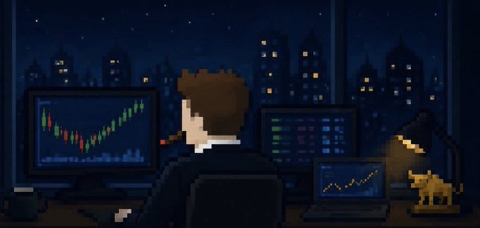A pixel art illustration shows a person from behind smoking a pipe while looking at multiple monitors displaying stock market charts at night.