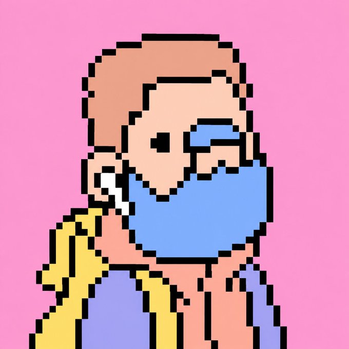 A pixel art illustration on a pink background shows two figures embracing, one with brown hair kissing the cheek of another with blonde hair wearing a blue face mask.