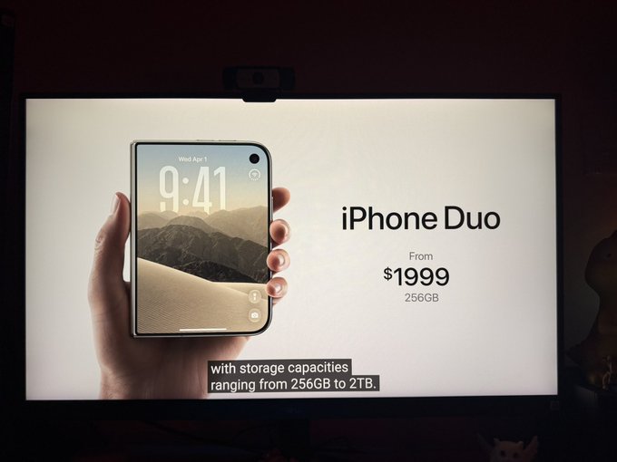 A screen displaying an "iPhone Duo" concept ad priced "From $1999" for the 256GB model, with text noting "storage capacities ranging from 256GB to 2TB."