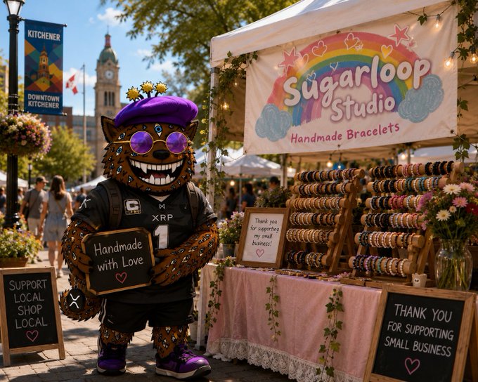 A furry mascot character wearing sunglasses, a purple beret, and an XRP jersey stands next to a 'Sugarloop Studio' booth selling handmade bracelets at an outdoor market.