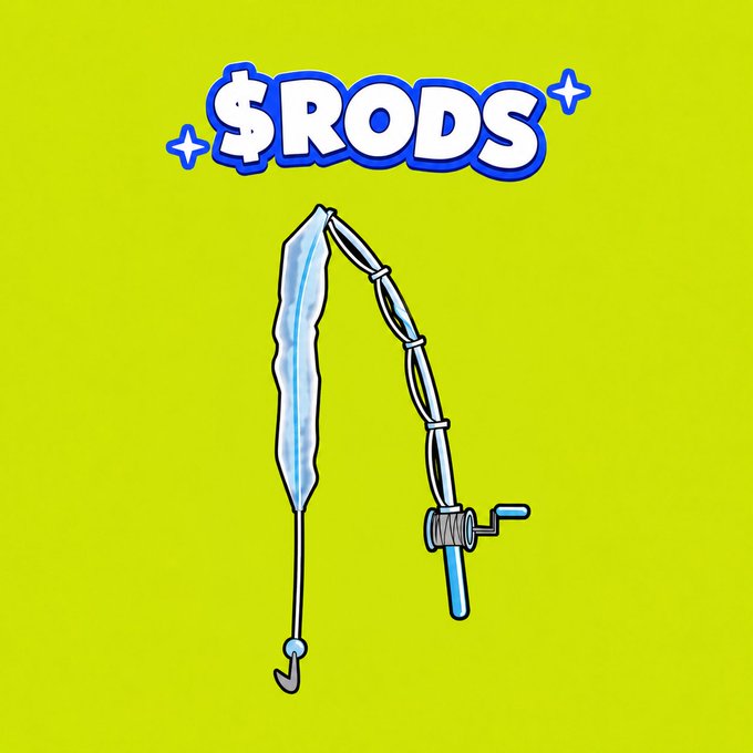 A cartoon-style illustration on a bright yellow background featuring the text "$RODS" in bubbly white letters with blue outlines, above a stylized drawing of a fishing rod and reel.